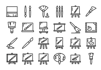 A set of line art icons representing painting and creativity, featuring artist tools like paintbrushes, easels, canvases, and palettes