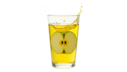 Fresh apple juice with splash, featuring slice of green apple in clear glass. vibrant yellow color adds refreshing touch to scene