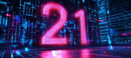 Futuristic Glowing 3D Number Twenty-One Surrounded by Vibrant Cyberpunk Circuit Elements in Blue