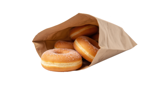 Fresh donuts in paper bag, sprinkled with sugar, ready to enjoy. Perfect for breakfast or sweet snack