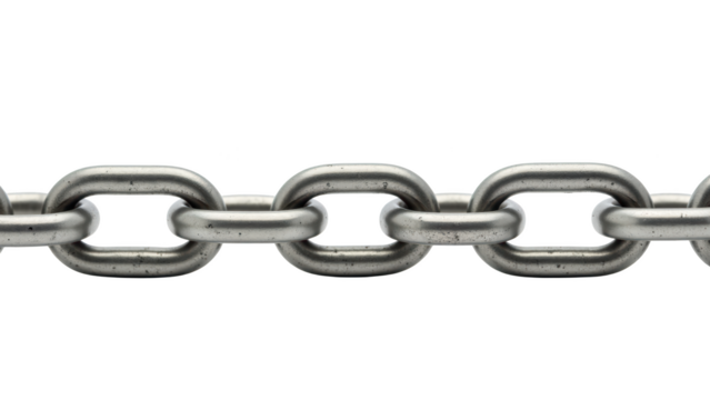 Metal chain link, strong and durable, used in various applications, showcasing shiny surface and interlocking design