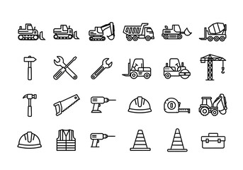 Construction and building equipment line icon set. A vector illustration collection of industrial machinery, work tools, and safety gear symbols