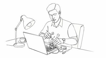 Man intently working on electronics with tools and laptop, focused.