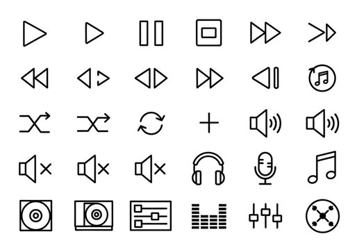 Music and audio player control buttons icon set. A collection of vector line icons for user interface design