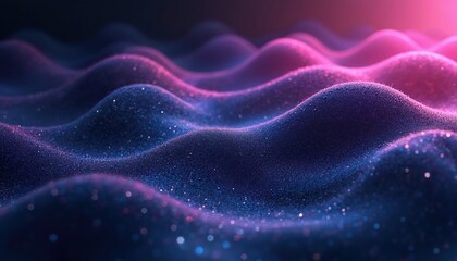 Abstract artwork features wavy surfaces in gradient shades of purple, blue with sparkling glitter particles. Design creates dynamic flowing visual effect suitable for tech modern design backgrounds.