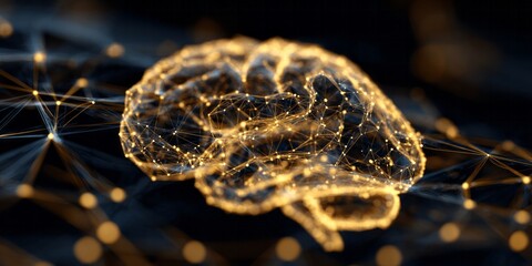 Glowing network structure forms the shape of a human brain in dark digital space