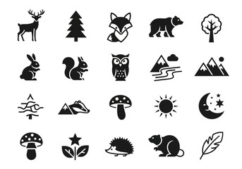 A collection of black silhouette forest icons featuring wild animals, trees, and nature symbols. Simple flat vector graphic elements
