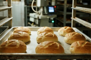 Freshly baked bread rolls on a tray in a commercial bakery setting