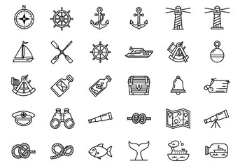 Simple line art icons representing a nautical journey, featuring maritime symbols like an anchor, ship's wheel, and compass © Adam