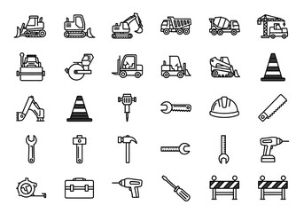 A detailed set of vector line icons representing construction, building tools, and heavy machinery for industrial projects and design laujrnoi 88