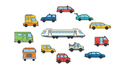 Collection of cartoon vehicles cars trucks and a train on white background