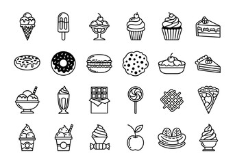 Outline icon collection of desserts and sweet food. A minimalist vector graphic set featuring cake, candy, ice cream, and pastry symbols for design