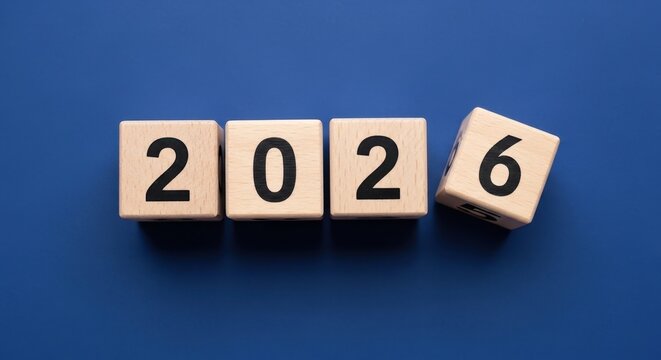 Wooden blocks spelling out the year 2026 on a blue background