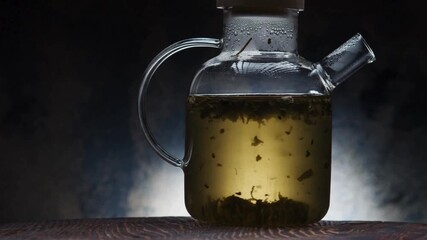 Close-Up Front View of Making Natural Green Tea – Brewing Fresh Herbal Tea, Healthy Beverage Preparation, and Detailed Liquid Texture on Gray Background in 4K Ultra HD Footage