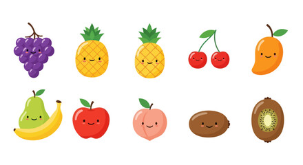 Collection of colorful cartoon fruits with smiling faces and simple design
