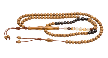 A set of traditional islamic prayer beads, known as tasbih or misbaha, made from light brown wooden beads with a section of darker beads and an ornate wooden separator, isolated on transparent backgro