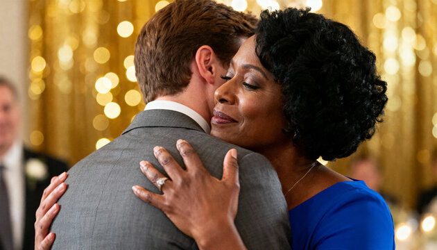 Embracing woman in royal blue dress hugging man in gray suit at reception, ring and necklace