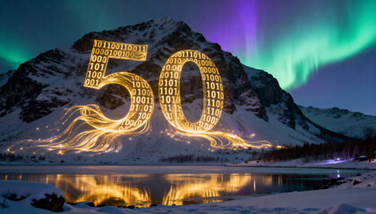 Glowing giant 50 sculpture of binary digits casting golden trails across snowy lake with aurora