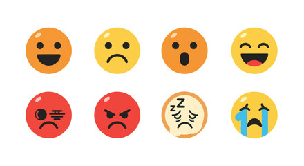Collection of colorful emoji faces expressing various emotions on white
