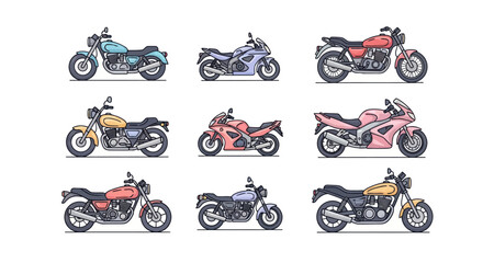 Obraz premium Collection of colorful motorcycles in vector style on white background
