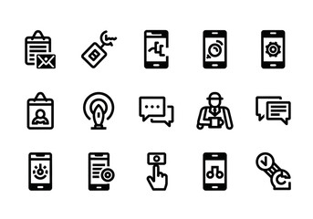 Set of thin line vector icons for web and mobile applications, covering themes like communication, device repair, user settings, and delivery services from the laujrnoi (139) series