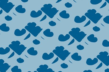 blue background with a repeating pattern of dark blue abstract shapes resembling flowers or clouds. The design is seamless, playful, and decorative.
