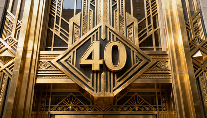 Showcasing ornate Art Deco entrance plaque reflecting sunlight at street-level, with numeral 40