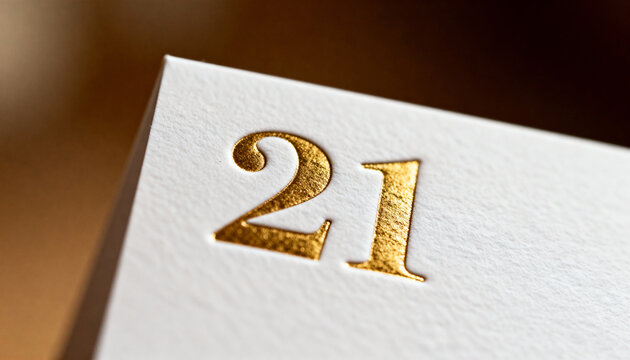 Highlighting gold-foil embossed numeral 21 sitting angled on textured white cardstock, foil sheen - Powered by Adobe
