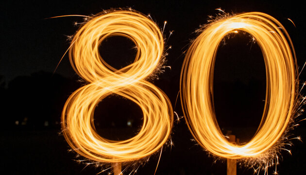Forming two bright numerals 8 and 0 in open field at night, with sparklers and supports - Powered by Adobe