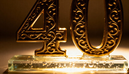 Displaying gold numeral 40 with filigree catching warm light on tabletop, with glass base bubbles