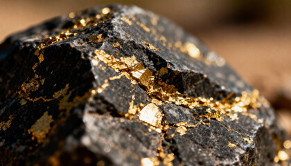 Displaying angular ore glinting in macro on warm brown substrate, revealing metallic gold veins
