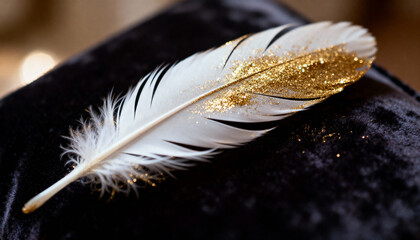 Lying single white feather glinting on dark velvet cushion, scattering gold glitter and bokeh