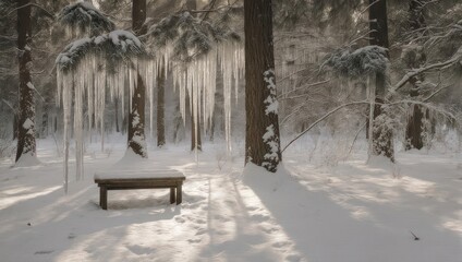 Sunlight streams through a snowy forest with a bench and long icicles hanging from a tree