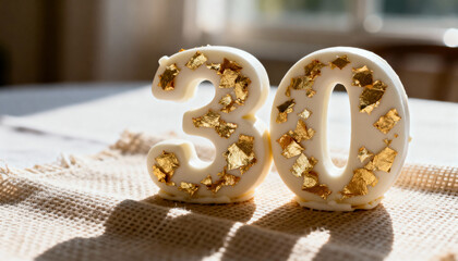 Glinting numeric candles '3' and '0' catching sunlight on woven beige table fabric, gold flakes