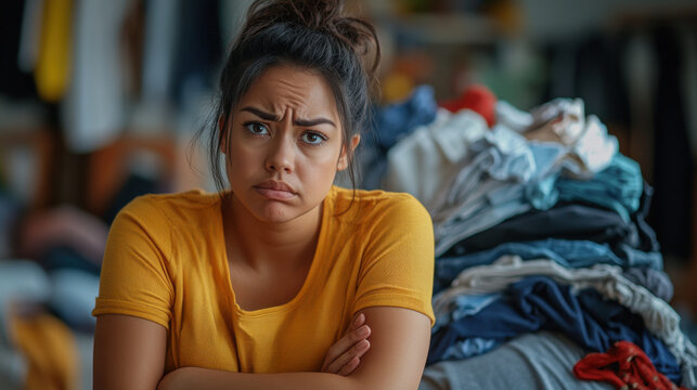Frustrated Woman with Laundry Pile at Home - Stress and Overwhelm Concept