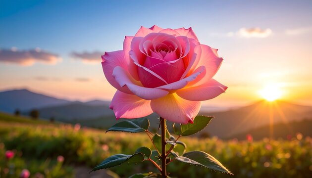 A pink rose against a sunset sky, green field, and distant hills creates a serene and beautiful scene - Powered by Adobe