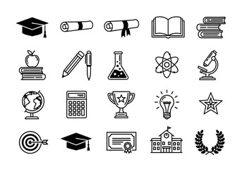 A comprehensive set of line icons representing education, graduation, and academic subjects for learning concepts