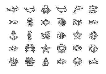 A collection of thirty minimalist line art icons depicting various sea creatures and underwater elements like fish, whales, and coral