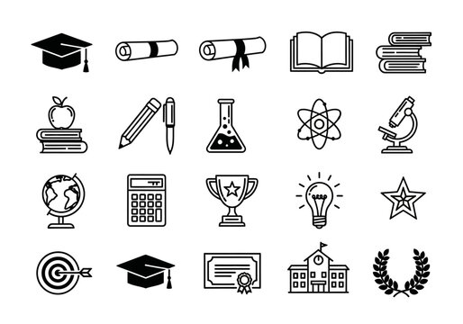 A comprehensive set of line icons representing education, graduation, and academic subjects for learning concepts