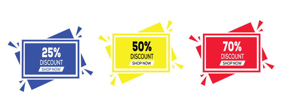 Three colorful geometric sale tags displaying 25 percent 50 percent and 70 percent off discounts sale, discount, percentage, off, offer, promotion, deal, special, price, saving, tag, label, banner