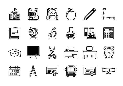 Collection of thin line school and education icons for back to school concept. Set of outline learning symbols and university elements laujrnoi - Powered by Adobe