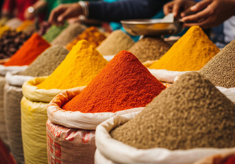 Colorful market display of conical spice piles in sacks, showcasing rich textures and vibrant hues.