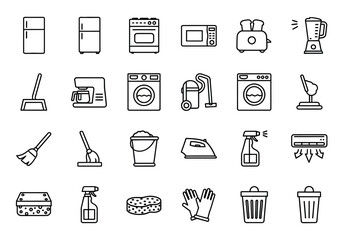 Household linear icon collection featuring kitchen appliances and cleaning supplies. Simple outline symbols for housekeeping and chores