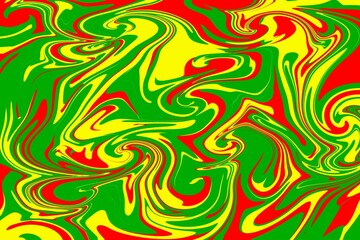 A psychedelic swirl pattern in bright yellow, red, and green, featuring flowing liquid shapes that create an energetic, bold abstract design.