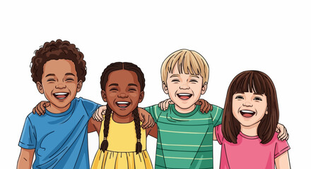 Diverse group of happy children embracing each other with joyful expressions.