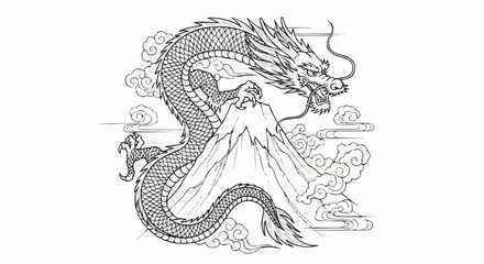 Monochrome line art illustration of a traditional Asian dragon and mountain.