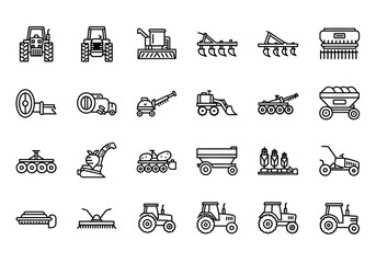 Collection of agricultural machinery line icons. A vector set of farm equipment, tractors, and heavy vehicles