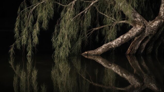 Tree trunk and foliage gracefully extend over dark water, reflected below - Powered by Adobe
