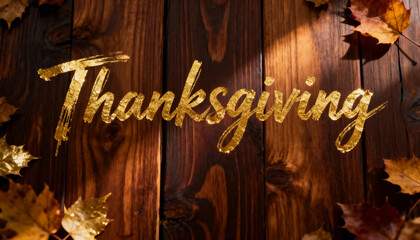 Displaying metallic gold cursive Thanksgiving shining on dark wooden planks, with maple leaves