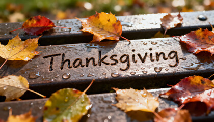 Featuring wet wooden bench slat showing Thanksgiving traced in moisture at park, fallen leaves